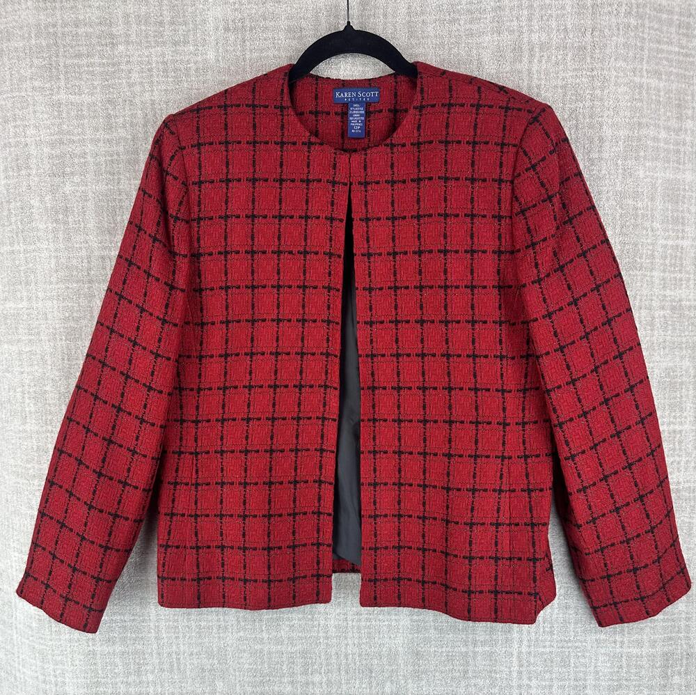 Karen Scott Jacket Womens 12P Red Short Collarless Lined Tweed Acrylic